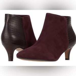 Clarks Linvale Sea Maroon Suede and Dark Brown Ankle Booties